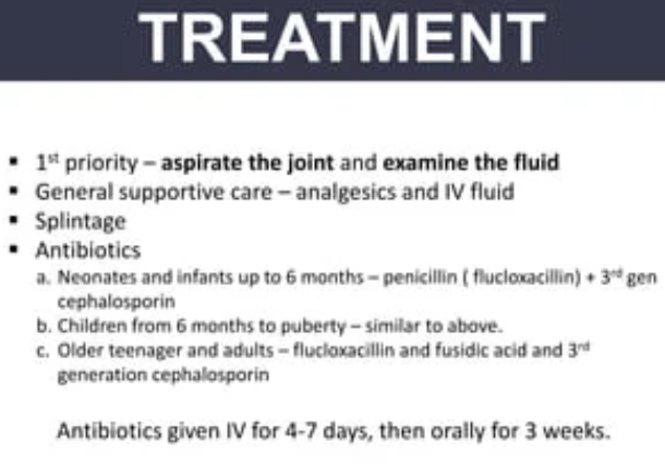 USMLEStepStudy's tweet photo. Septic arthritis - Joint space infection, MC bacteria (Staph aureus, Strept spp., N. gonorrhoeae); hematogenous spread or direct inoculation (trauma or surgery); s/s: pain/swelling, warmth, ↓ROM; Dx: CBC w/diff &amp; synovial fluid analysis; Rx: IV &amp; PO antibx up to 6 wks, I&amp;D https://t.co/QWJPBidWiY