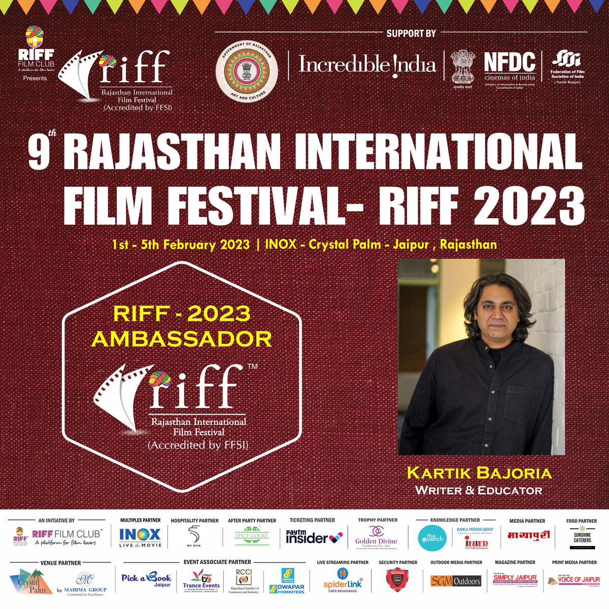 The Rajasthan International Film Festival welcomes #KartikBajoria as the RIFF 2023 Ambassador !

This year RIFF takes an initiative by bringing creative people on board to spread the word and promote cinema !
#RIFF2023 #RIFF2023Ambassador #RIFFAmbassador #Ambassador