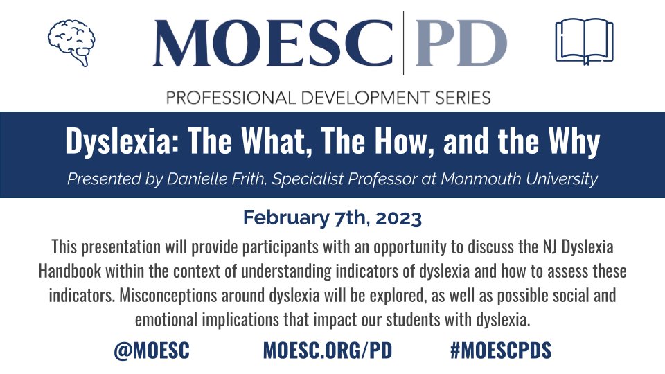 #MOESC PD SPOTLIGHT: Dyslexia: The What, the How & the Why 📚 🎓 🧠

Presented by @FrithDanielle Specialist Professor @MUschoolofEduca 

Register for this session & more at moesc.org/pd 

@DrGrayMorales @DerekTranchina @DrGeorge_MU  #MOESCPDS