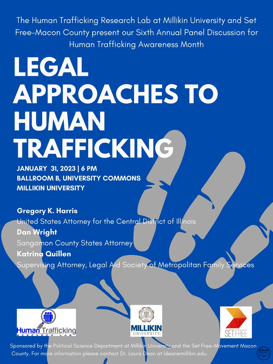 proflauradean's tweet image. Everything is set for our 6th Annual #HumanTraffickingAwarenessMonth panel discussion Tuesday 1/31 at 6:00 pm with @SetFreeMovement Macon County. This year we are focusing on legal approaches and bringing the head federal prosecutor in Central Illinois to @MillikinU. @BigBlueHum
