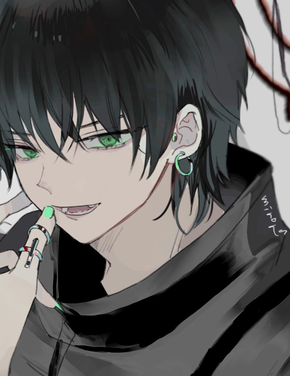 jewelry male focus 1boy black hair solo ring green eyes  illustration images