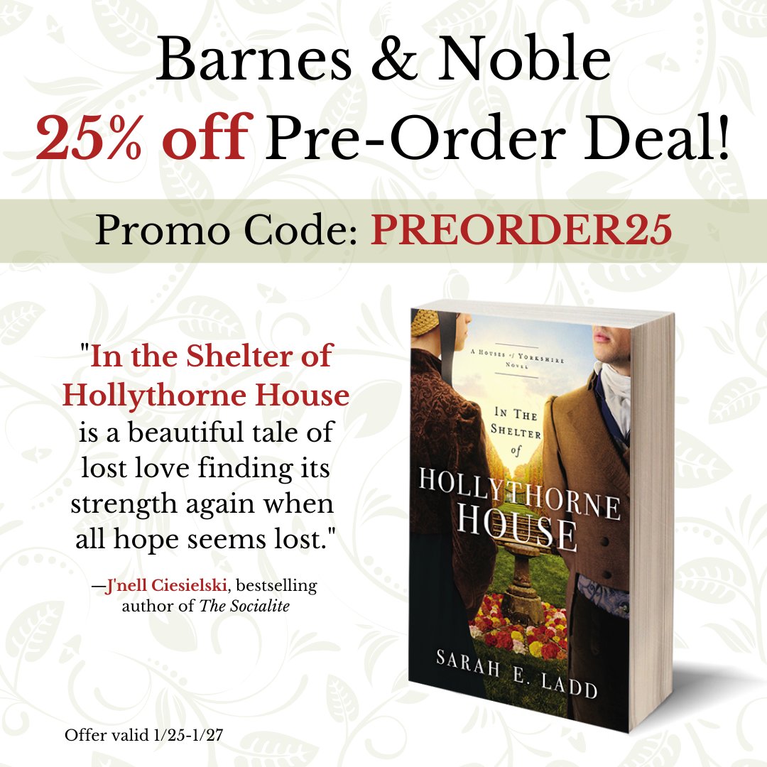 Sarah Ladd (@sarahladdauthor) on Twitter photo Guess what? <a href="/BNBuzz/">Barnes & Noble</a> is offering a 25% discount on pre-orders of #IntheShelterofHollythorneHouse for 2 days only! Pre-order the #paperback, #Nook, or #audiobook version and then sit back and wait for the book to arrive to you when release time comes.
barnesandnoble.com/w/in-the-shelt… Guess what? <a href="/BNBuzz/">Barnes & Noble</a> is offering a 25% discount on pre-orders of #IntheShelterofHollythorneHouse for 2 days only! Pre-order the #paperback, #Nook, or #audiobook version and then sit back and wait for the book to arrive to you when release time comes.
barnesandnoble.com/w/in-the-shelt…