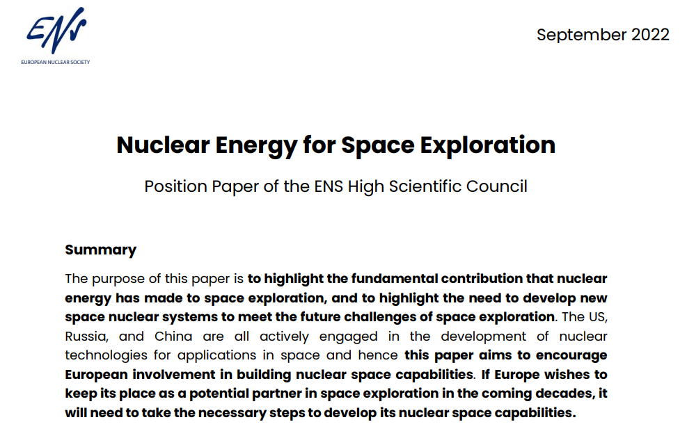 ENS HSC warned that if #Europe is not to be left behind in the #development of #nuclearpower systems for space it must find “sustained #commitment &amp; substantial #investment over at least 20yrs”. Europe must develop its own nuclear resilient, and affordable long-term #capabilities