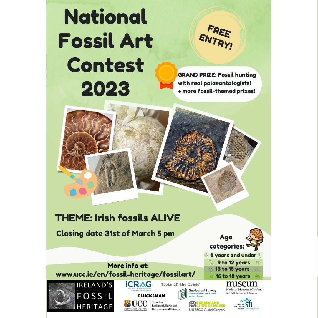 We’re delighted to launch the #NationalFossilArtContest2023 with lots of fossil-themed prizes up for grabs! The contest is open to anyone below the age of 18 &amp; closing date is  31st March 2023. The theme of the contest is ‘Irish Fossils ALIVE’. Details @ ucc.ie/en/fossil-heri…