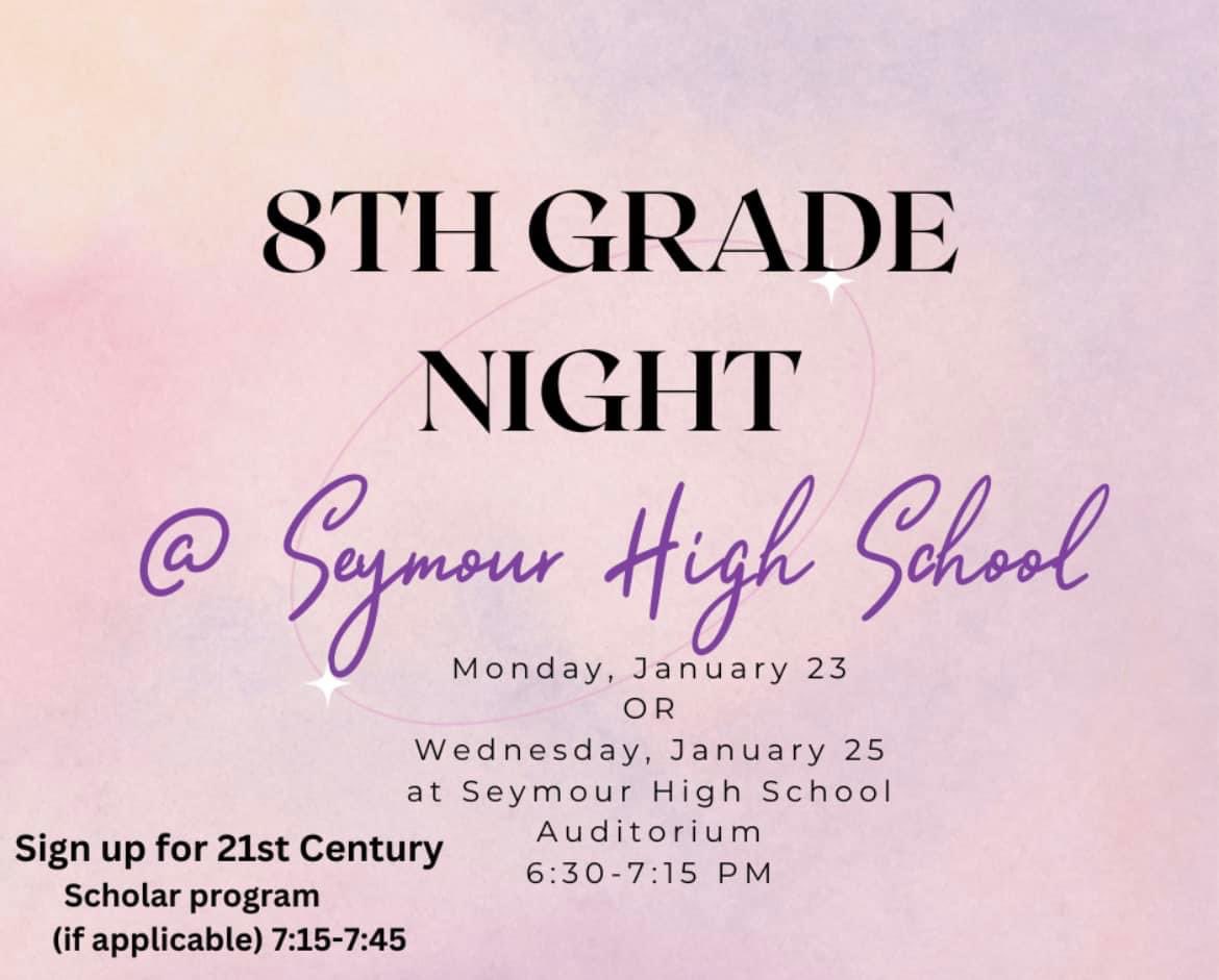 SHSSOAR's tweet photo. 8th grade night at Seymour High School will still take place as scheduled this evening at 6:30 pm. We hope you can join us. https://t.co/EFiVRAVIj2