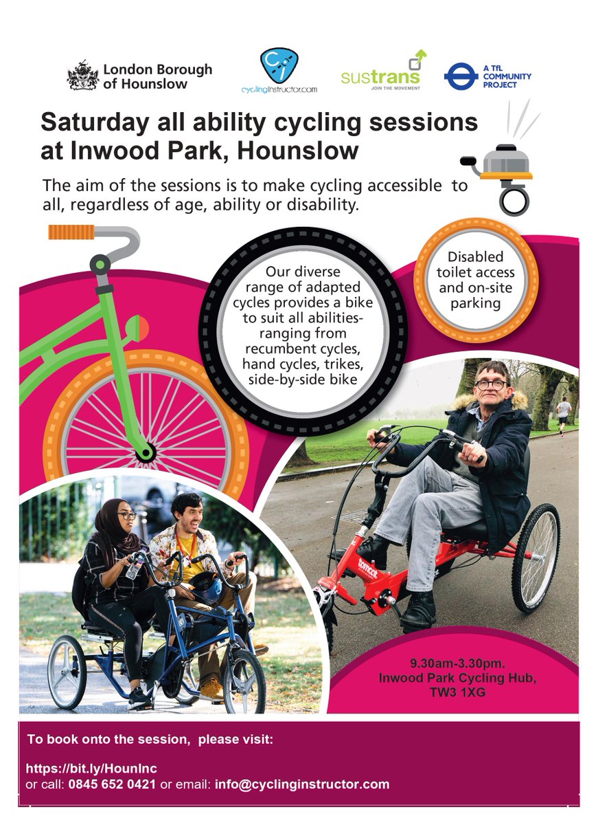 Exciting news ! Our FREE Saturday all-ability cycle training sessions are again open to residents with learning and physical disabilities. 📅Inwood Park, TW3 1XG. ⏰9:30am -3:30pm. 🚲Adapted bikes available. ➡️To book, please visit: bit.ly/HounInc