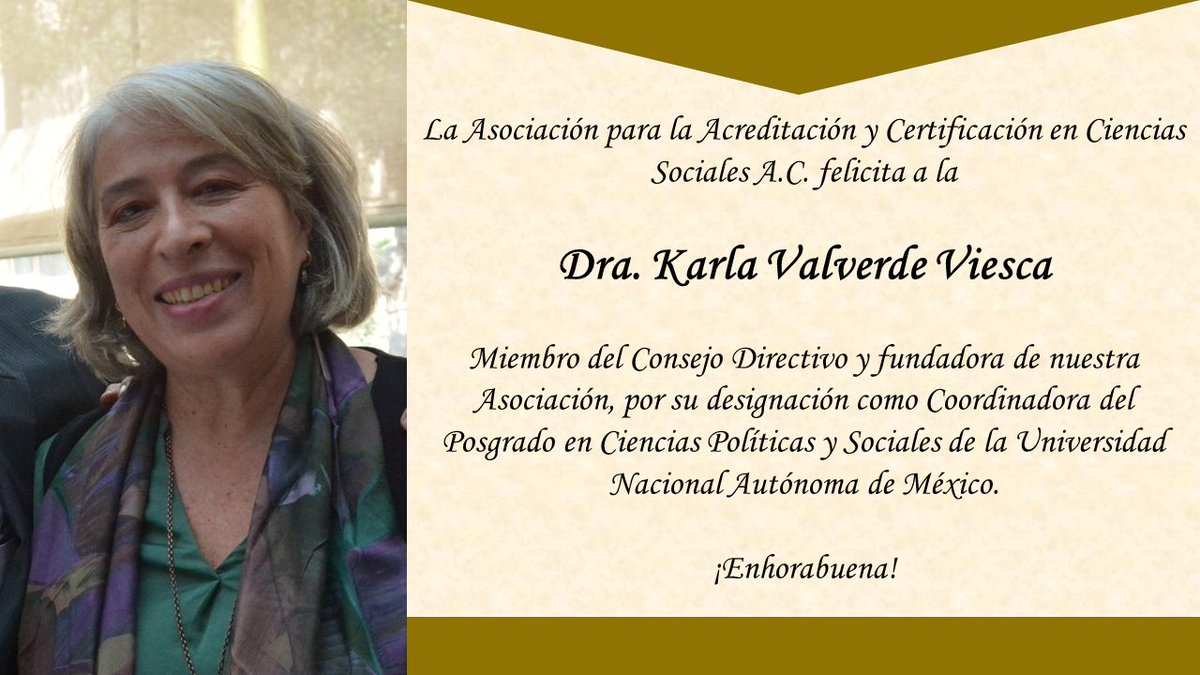 ACCECISO felicita a la Dra. Karla Valverde Viesca, miembro del Consejo Directivo y fundadora de nuestra Asociación, por su designación como Coordinadora del Posgrado en Ciencias Políticas y Sociales de la Universidad Nacional Autónoma de México.
¡Enhorabuena!