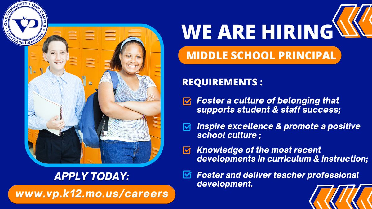 The @ValleyParkSD seeks the next positive, visionary instructional leader for Valley Park Middle School to foster a culture of belonging that supports the whole student, inspires excellence, and empowers faculty & staff.
vp.k12.mo.us/careers

#EdChat #CultureEd
#MLDSchat #FETC