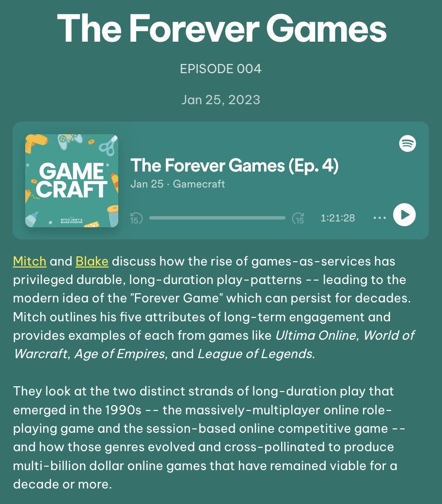 [new episode] The Forever Games (Ep. 4) - The rise of games-as-services - The modern idea of a 'Forever Game' - Mitch outlines his five attributes of long-term engagement in games - MMORPGs + session-based games Now available on all platforms!