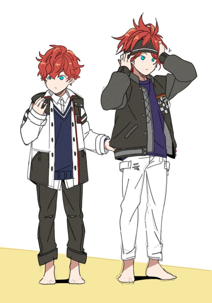multiple boys 2boys pants male focus jacket red hair adjusting clothes  illustration images