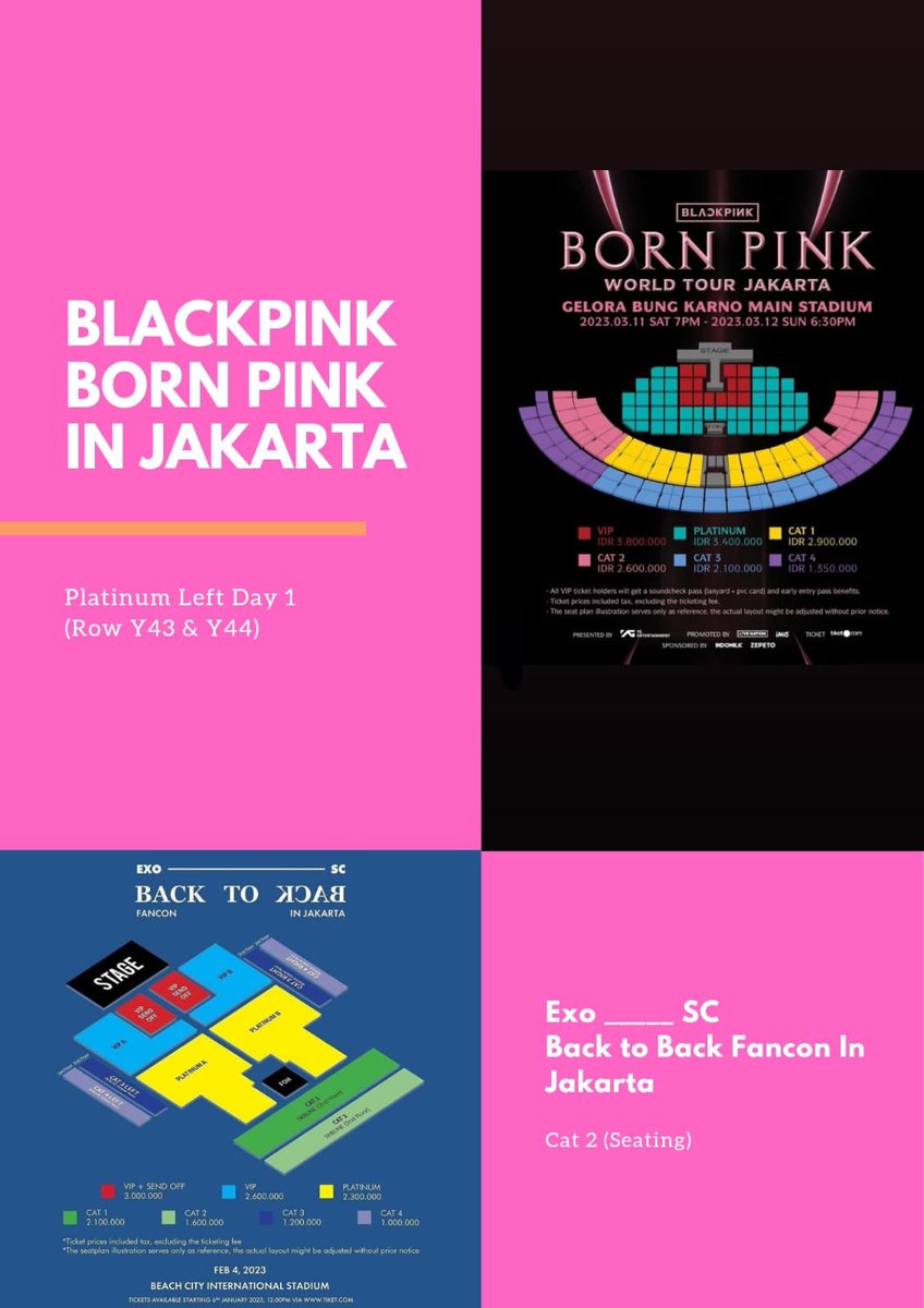Chinguyashopp's tweet photo. WTS ticket EXO SC Back to Back Fancon in Jakarta (Cat 2) dan Blackpink Born Pink In Jakarta (Platinum Left day 1)

Yuk buat Chingu yang EXO-L dan Blink grab it fast sebelum kehabisan!!🥰 https://t.co/e0F4BY4Vf9