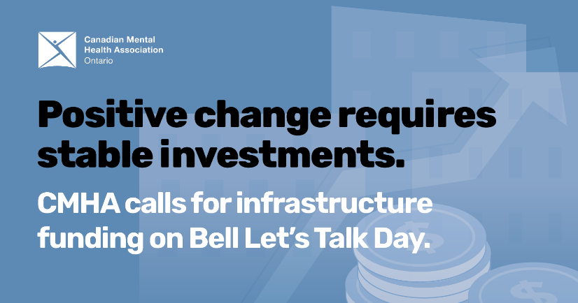 CMHAs across Ontario are calling on the province for a substantial, immediate and ongoing base funding increase for the community #mentalhealth and #addictions sector on this #BellLetsTalk Day.