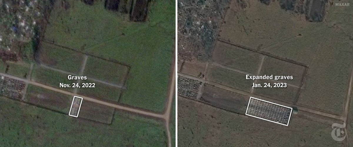 A cemetery used by Wagner to bury its fighters killed in Ukraine has increased nearly seven times over the past two months, @Maxar satellite imagery shows. W/ @dim109, @bottidavid. More: nytimes.com/2023/01/24/wor…