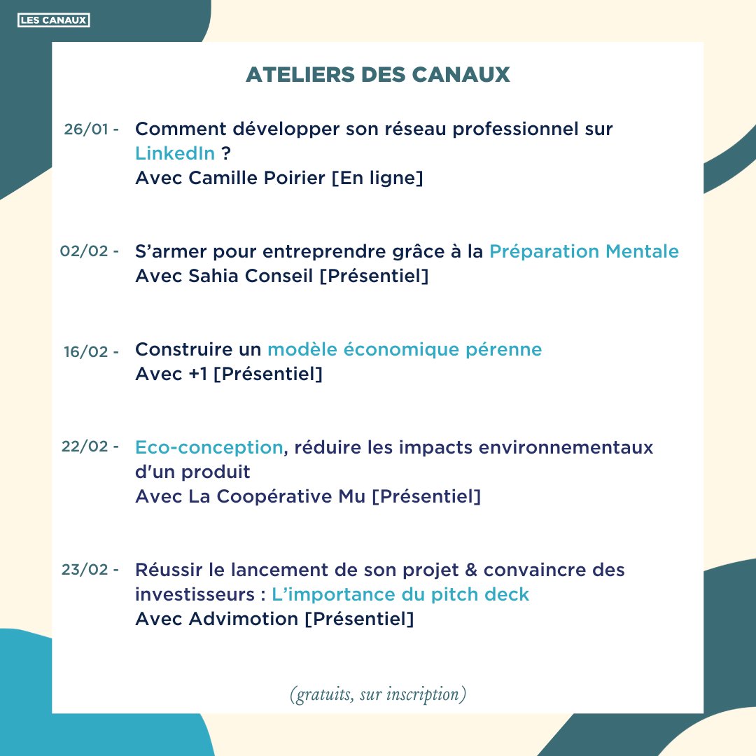 #AtelierDesCanaux 
✅ Vous souhaitez gagner en compétences ? Chaque mois, nous organisons des ateliers gratuits pour aider les porteur⸱ses de projet à impact dans leur développement!
👉Découvrez le programme des prochains ateliers et inscrivez-vous vite : bit.ly/3P517eL