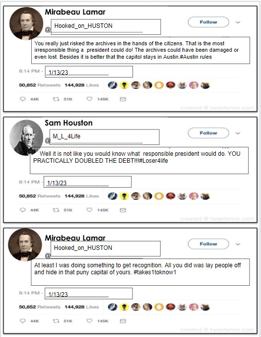 Some really good 7th grader Twitter battle convos- Sam Houston vs. Mirabeau Lamar with their presidencies.  Some of their hashtags and Twitter names cracked me up! 
#TexasHistory
<a href="/JordanNISD/">Jack C. Jordan MS</a>
