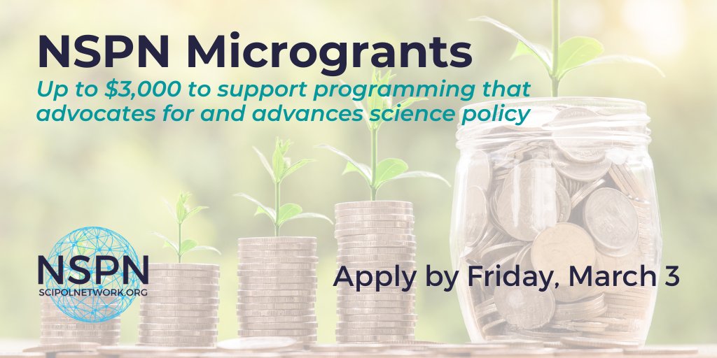 SciPolNetwork's tweet photo. Do you have an idea for a #SciPol, #SciComm, #SciDip, or #advocacy project? Need funding to pursue your goals? Apply for a Microgrant! NSPN chapters can receive up to $3,000 to support their work.

Learn more and apply by Friday, March 3: https://t.co/RDt3DlCe9l https://t.co/7xMiIShsFh