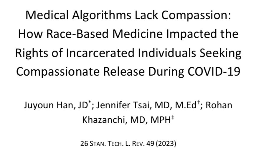 1/ 💡⚖️📄 *NEW* from Juyoun Han, JD, @tsaiduck77, and I in @SLSTechLaw Law Review Through the lens of recent court cases, we highlight a remarkable intersection of #racism in medicine (race-based medicine) and racism in the criminal-legal system. 🧵 law.stanford.edu/wp-content/upl…