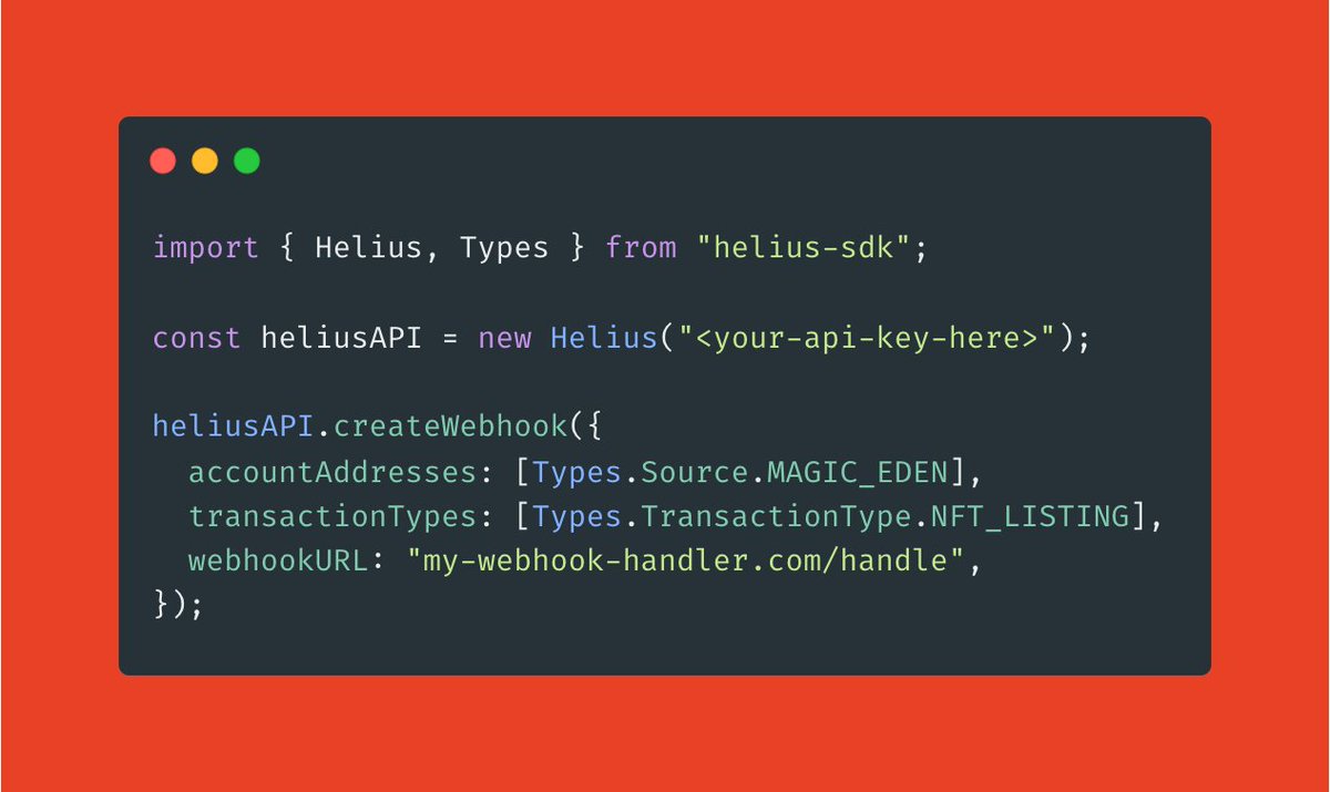 BIG NEWS The best webhooks on Solana just got 10x better. Introducing:  Helius SDK 🛠️ Create, Edit, Update, Fetch, or Delete Helius webhooks with  a single call. Over 100 built-in Transaction Type