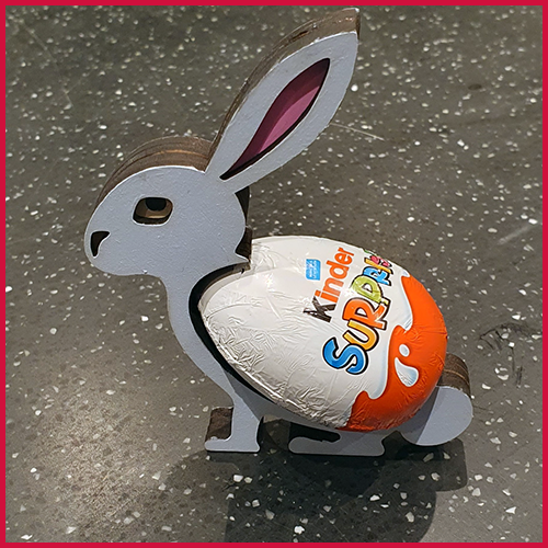 KenMidgleyCraft's tweet photo. Another hour or so in the shed this evening - making some Kinder Rabbits for Easter.  Can either be painted or left natural but I decided to paint this one.  
They are made from 4mm MDF and hold the egg comfortably enough, whilst still allowing ease of access to the egg. https://t.co/zxqDApb4En