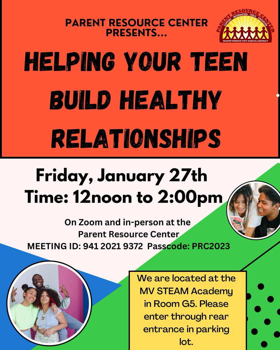 drbcatmvcsd's tweet photo. The Parent Resource Center will be hosting a "Building Healthy Relationships For Teens" virtual and in-person workshop for parents on Friday, January 27, 2023, from 12 - 2 p.m. at Mount Vernon STEAM Academy. https://t.co/fjLqcaDJry