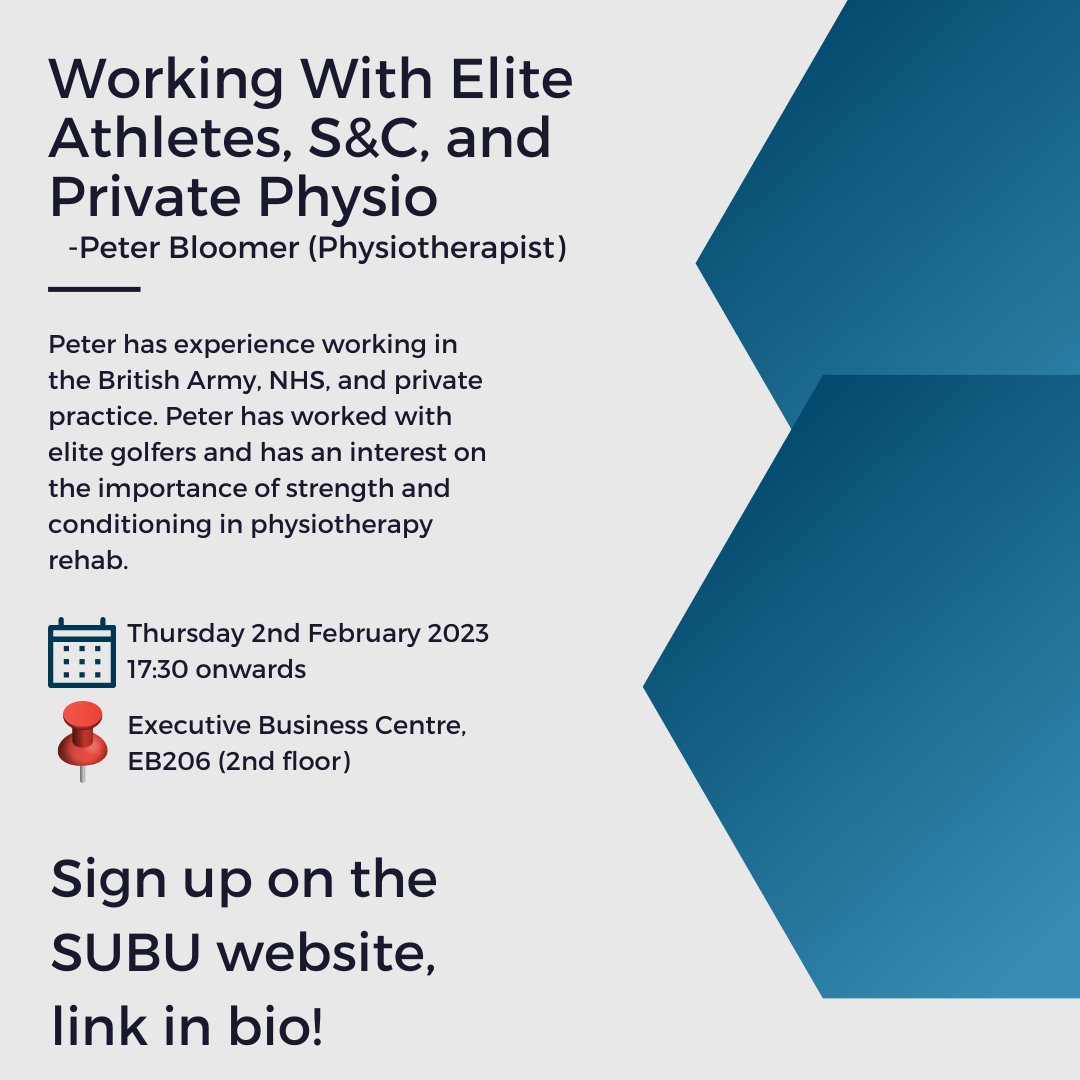 Thursday 2nd February
📍Executive Business Centre (Landsdowne), EB206
⌚ 17:30 onwards

Join us in EB206 with Peter Bloomer for a talk covering:
-Working with elite athletes.
-Importance of S&amp;C in rehab.
-Working in private practice.
~
Sign up at bottom of SUBU page in bio!