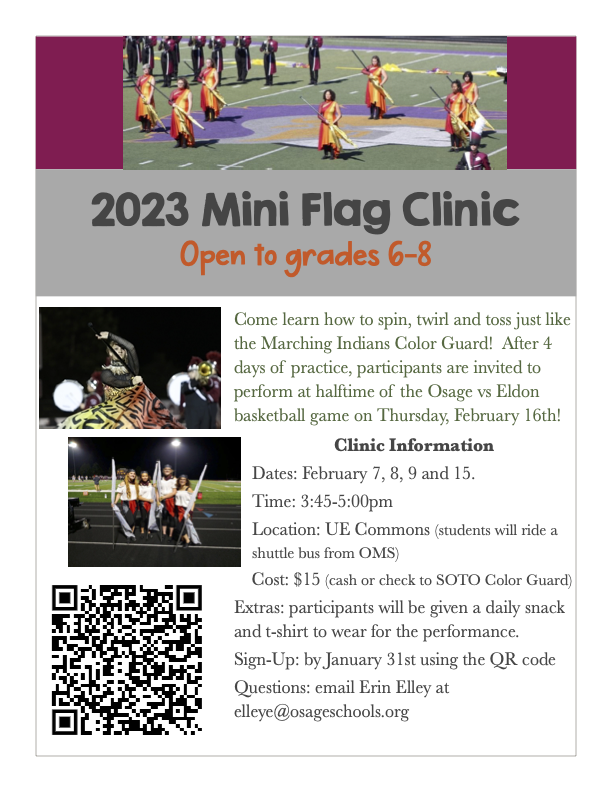 Coach Elley is hosting a Mini Flag clinic for middle schoolers interested in the Marching Indians Color Guard.