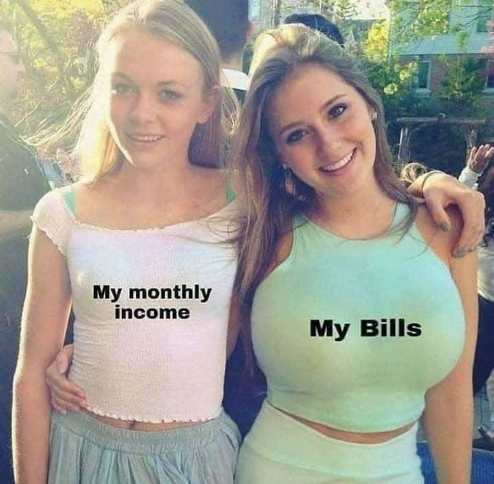 My income and my bills.

Jokes, puns, memes and videos 💕
WEB SITE 👌weird-jokes.com
Twitter 🌠 x.com/DuhovnayaS
Telegram ⚡ t.me/bratusnet