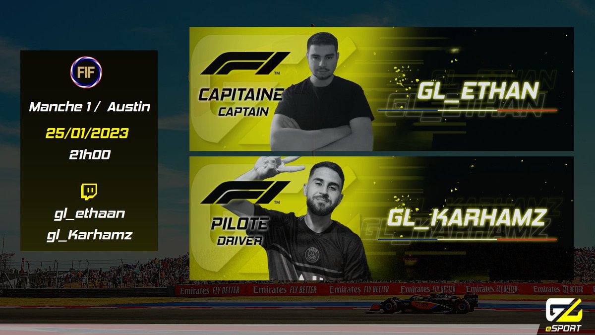 G_Ligue_Esports's tweet photo. [ F1 eSport / 🇫🇷 ] 

Retrouvez nos deux pilotes @GL_Ethaan &amp; @GL_Karhamz ce soir à 21h pour la 1ère Manche de la saison 2 du championnat @federation_fif sur le circuit de COTA 🇺🇸 https://t.co/7x9qkmq6rz