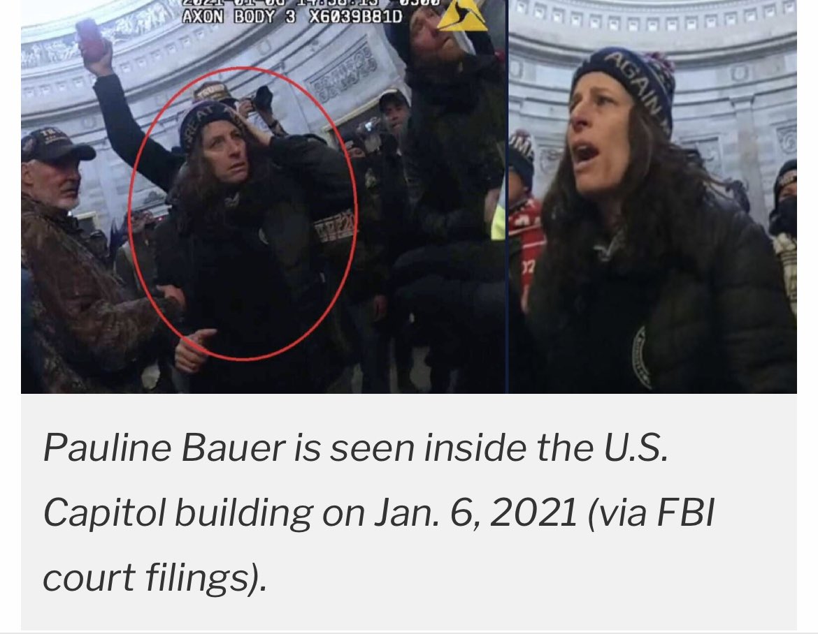 AmoneyResists's tweet photo. Pauline Baeur—the Pennsylvania pizzeria owner who demanded that police at the U.S. Capitol “bring Nancy Pelosi out” to the mob of Trump supporters on January 6th [so they could ‘hang her’]—has been convicted of all five charges against her. She faces up to 23 years in prison. https://t.co/Np7b48j3oE
