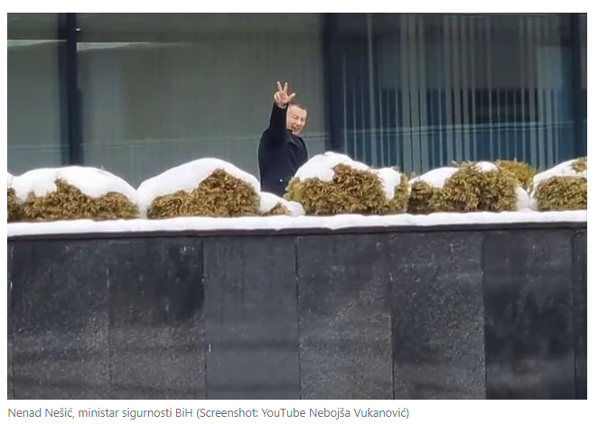 Bosnia's new Security Minister flases a Serb nationalist salute outside the national parliament in Sarajevo. We can expect a major influx of Serbian and Russia para-criminal/military entering Bosnia in coming months. An incomprehensible mistake to have allowed Nesic in this post.
