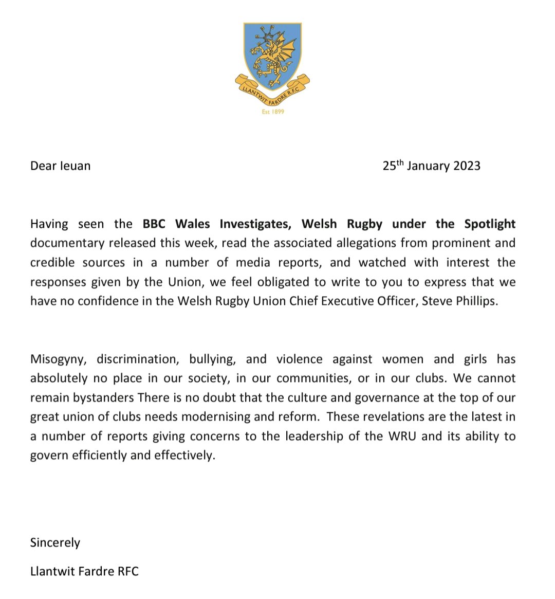 Following the BBC investigates program that aired this week, we have tonight sent this letter to Welsh Rugby Union Chair, Mr Ieuan Evans