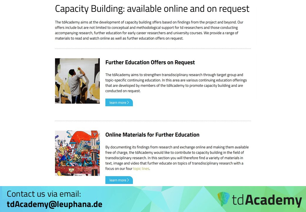 tdAcademy_org's tweet photo. Do you want to deepen your knowledge about #transdisciplinarity? 💪
Have a look at our #capacity building material!

Many workshops and free online material are available to support you in your TD learning journey and your TD projects.
👉 https://t.co/igxhzsPoLX https://t.co/UjJMSiUhmj