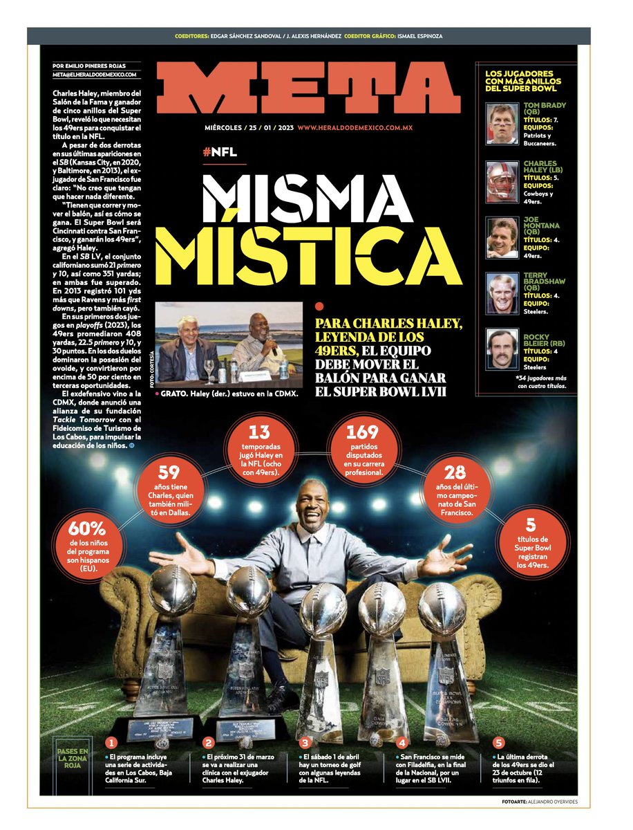HectorJuarezC's tweet photo. #CharlesHaley, leyenda de los #49ers y los #DallasCowboys con cinco anillos de SB, habló de la mística que deben seguir los de La Bahía para llegar el "Juego Grande".

Nota de @emiliopineres en #Meta de @heraldodemexico 

#NFLPlayoffs #NFL @49ersESP https://t.co/lcHaB51yHm