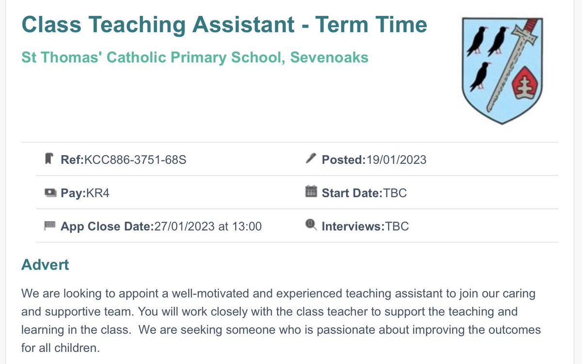 Teaching Assistant- Term Time Vacancy. Please check Kent Teach for details for how to apply. @kcsp_academies @7oaksCatholic #sevenoaksjobs @KentSchoolJobs 

kent-teach.com/Recruitment/Va…