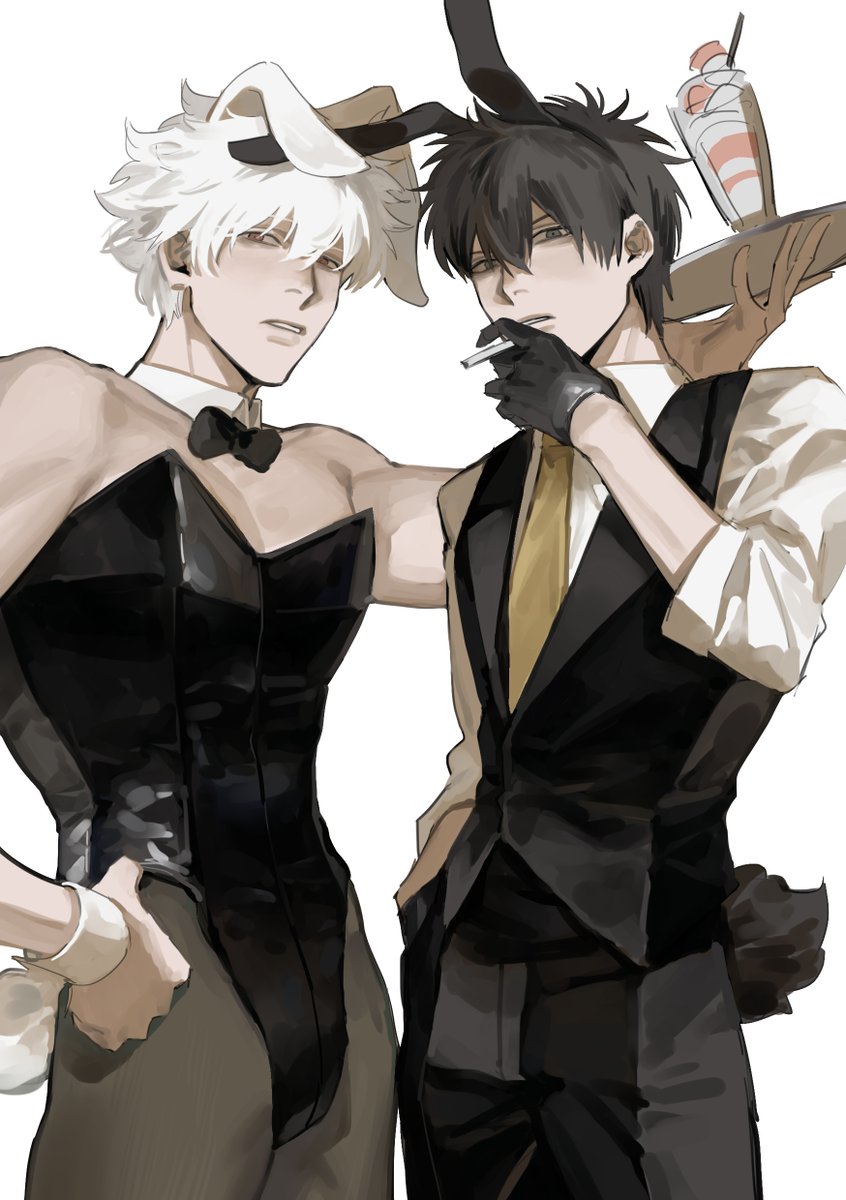 2boys animal ears bangs black gloves black hair black leotard black pants  illustration images