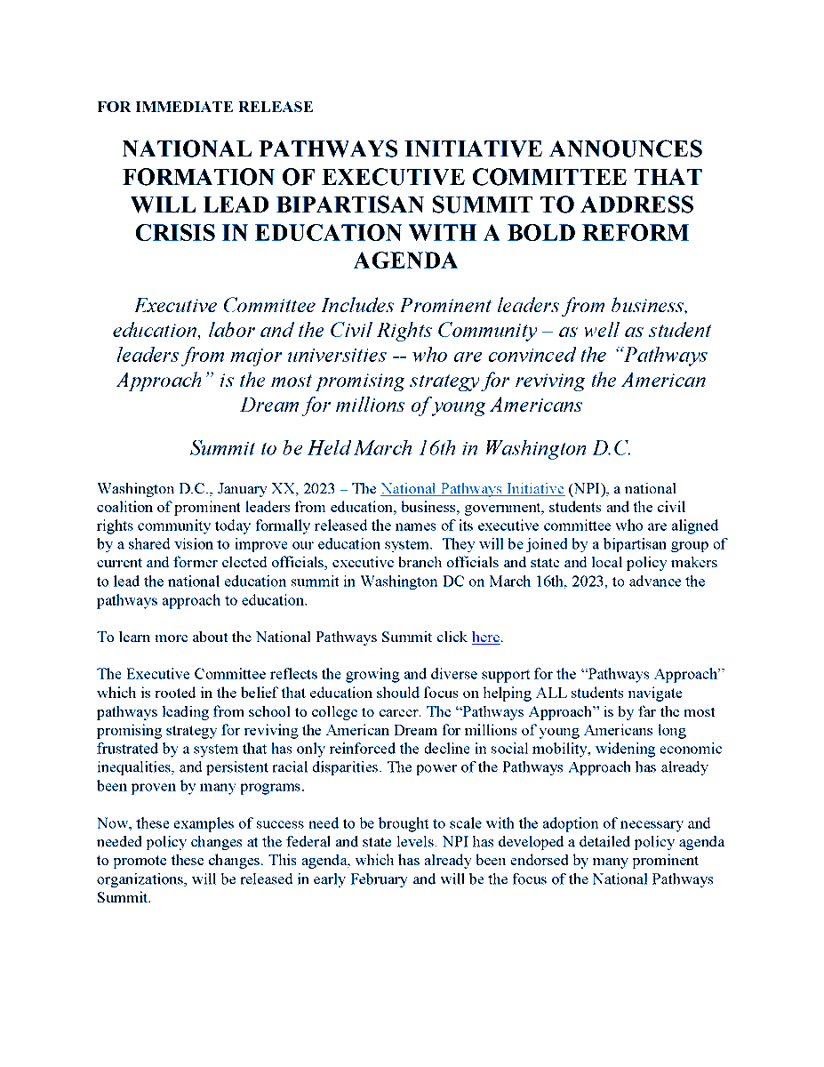 NatlPathways's tweet photo. NPI announced today the formation of our Bipartisan Summit Executive Committee - includes prominent leaders from #business, #education, #labor and the #CivilRights #Community, as well as #student leaders from major universities. Visit https://t.co/B43pjdgts7 for more information. https://t.co/Y5Yejvqfu6