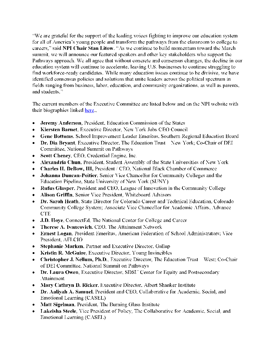 NatlPathways's tweet photo. NPI announced today the formation of our Bipartisan Summit Executive Committee - includes prominent leaders from #business, #education, #labor and the #CivilRights #Community, as well as #student leaders from major universities. Visit https://t.co/B43pjdgts7 for more information. https://t.co/Y5Yejvqfu6