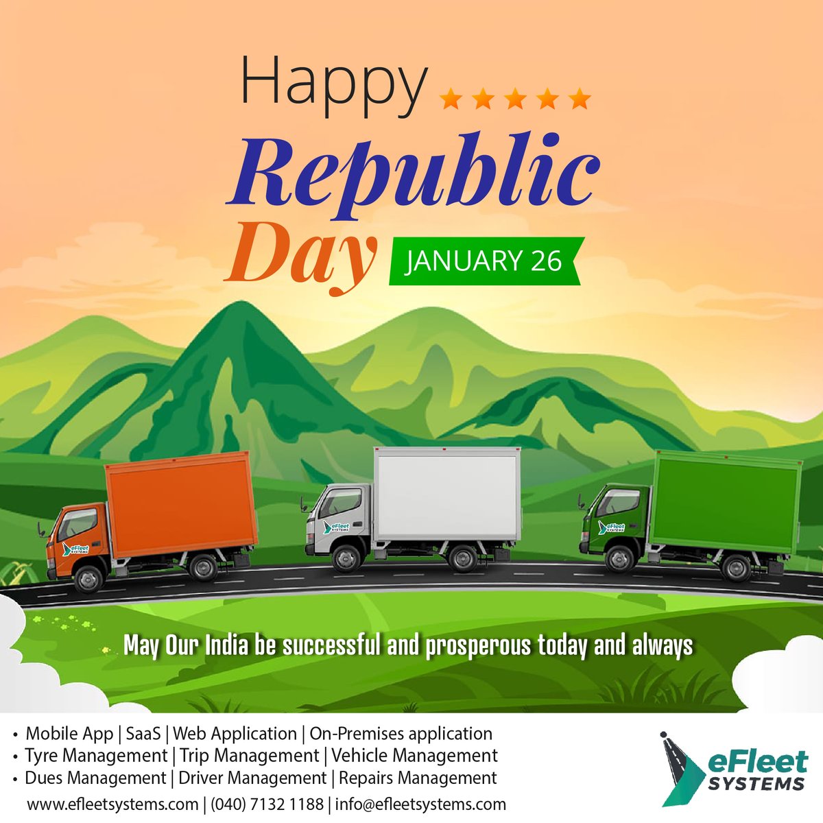 EfleetSystems's tweet photo. #India has a proud history of overcoming the odds and challenges and proving its worth to the entire world. May our #nation be successful and prosperous today and always. Wishing you all a very #HappyRepublicDay2023  
#efleetsystems #RepublicDay #गणतंत्र_दिवस #26thJanuary https://t.co/JtEijvlCgf