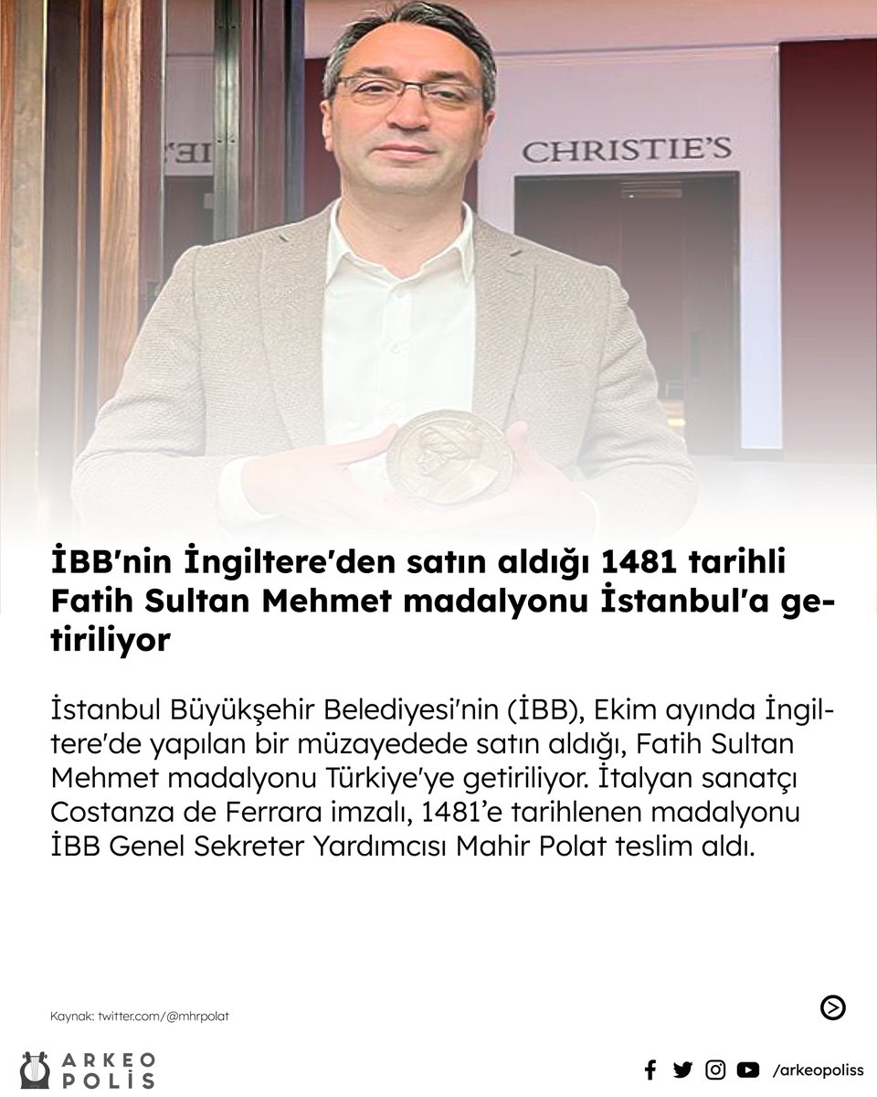 arkeopoliss's tweet photo. İBB'nin İngiltere'den satın aldığı 1481 tarihli Fatih Sultan Mehmet madalyonu İstanbul'a getiriliyor https://t.co/bmUhSVF2tu