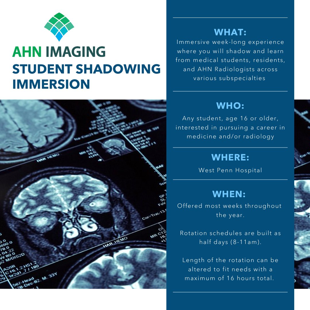 Calling all Students:
If you are interested in pursuing a career in medicine or radiology, we would LOVE for you to join us for a shadowing immersion and learn about everything Radiology!

#Shadowing #FutureRad #RadStudent @AHNtoday @MattJMillerMD @AHNRadRes #FutureRadiologist