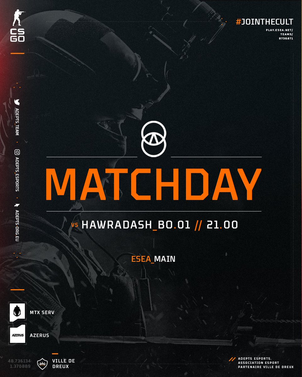 ADEPTS_TEAM's tweet photo. Pas l'temps d'niaiser, les armes sont prêtes, les joueurs aussi !
On se retrouve tout de suite sur le stream de @loupeloupe_ pour notre match contre les 🇸🇪hawradash
▶️https://t.co/mNxnHykoPz
#JoinTheCult #GoAdepts https://t.co/OKOhcDAjmE