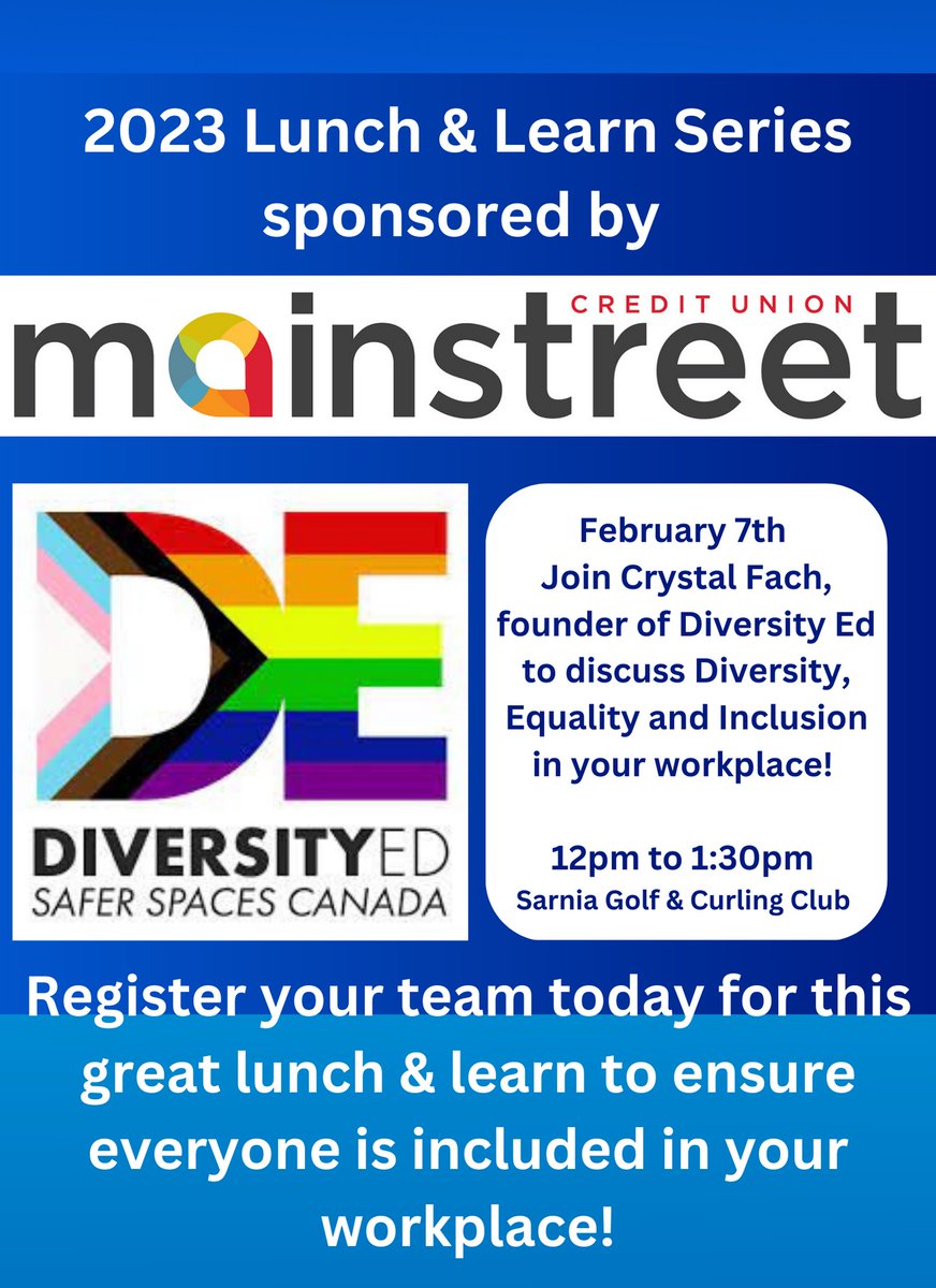 SarLamChamber's tweet photo. Register your team for this informal discussion about Diversity, Equality, and inclusion in your workplace.   These Lunch &amp; Learns are a wonderful place to start the conversation!  
https://t.co/n3ZfTdPhjg https://t.co/cc2XpobbxA