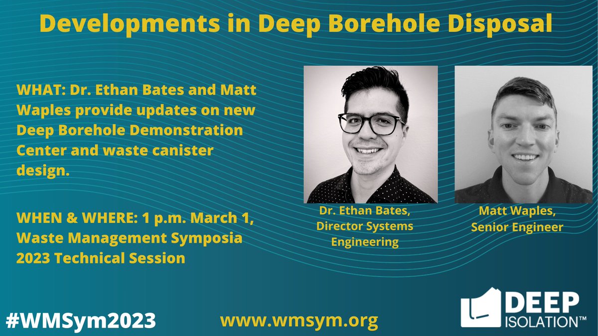 Our January newsletter is out, featuring the latest information about the new Deep Borehole Demonstration Center, Deep Isolation's #WMSym2023 lineup (I'll be on the Women of Waste Management panel) and a new blog post about deep borehole R&amp;D. ow.ly/6fkw50MAprC #NuclearNews