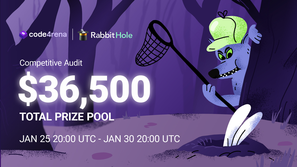 code4rena's tweet photo. The goal for @rabbithole_gg in this Code4rena audit is to ensure their protocol for token reward distribution is as robust as possible. Think you can assist? 🐰 

Hunt for vulnerabilities to take a share of the $36,500 USDC prize pool.

Get started: https://t.co/chPvwfC9Bc https://t.co/a4wnxh6YAb