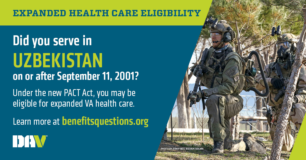 The #PACTAct is a historic new law that expands VA health care and benefits for veterans who were exposed to toxic fumes and other hazards while fighting for our country. Visit benefitsquestions.org to get help filing a VA claim today. 

#PACTAct #veterans #toxicexposure #DAV