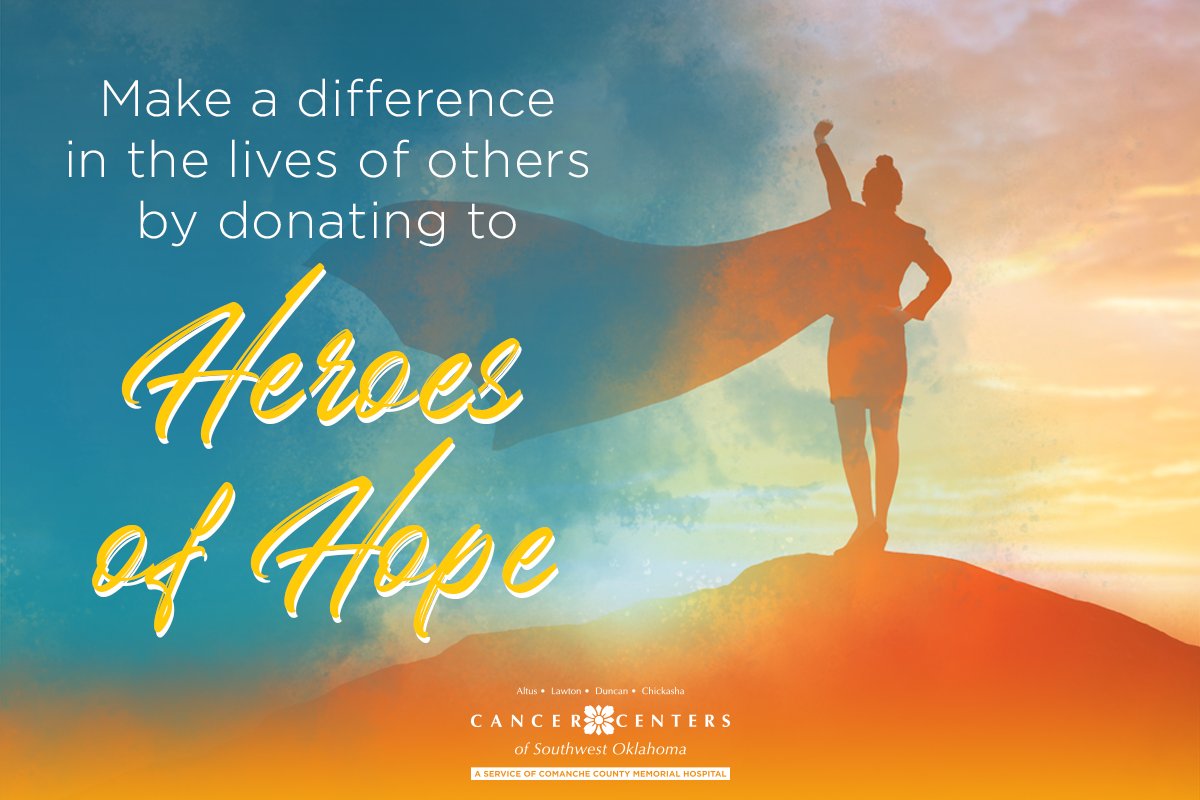CCSWOK's tweet image. Support the Cancer Centers of Southwest Oklahoma by donating to Heroes of Hope. Our way of making a difference in the lives of our friends and neighbors: bit.ly/3K3gyRL

#CancerCenterSWOK #CCSWOK #CancerResearch #CancerTreatment #CancerSupport #Cancer #CancerPatients