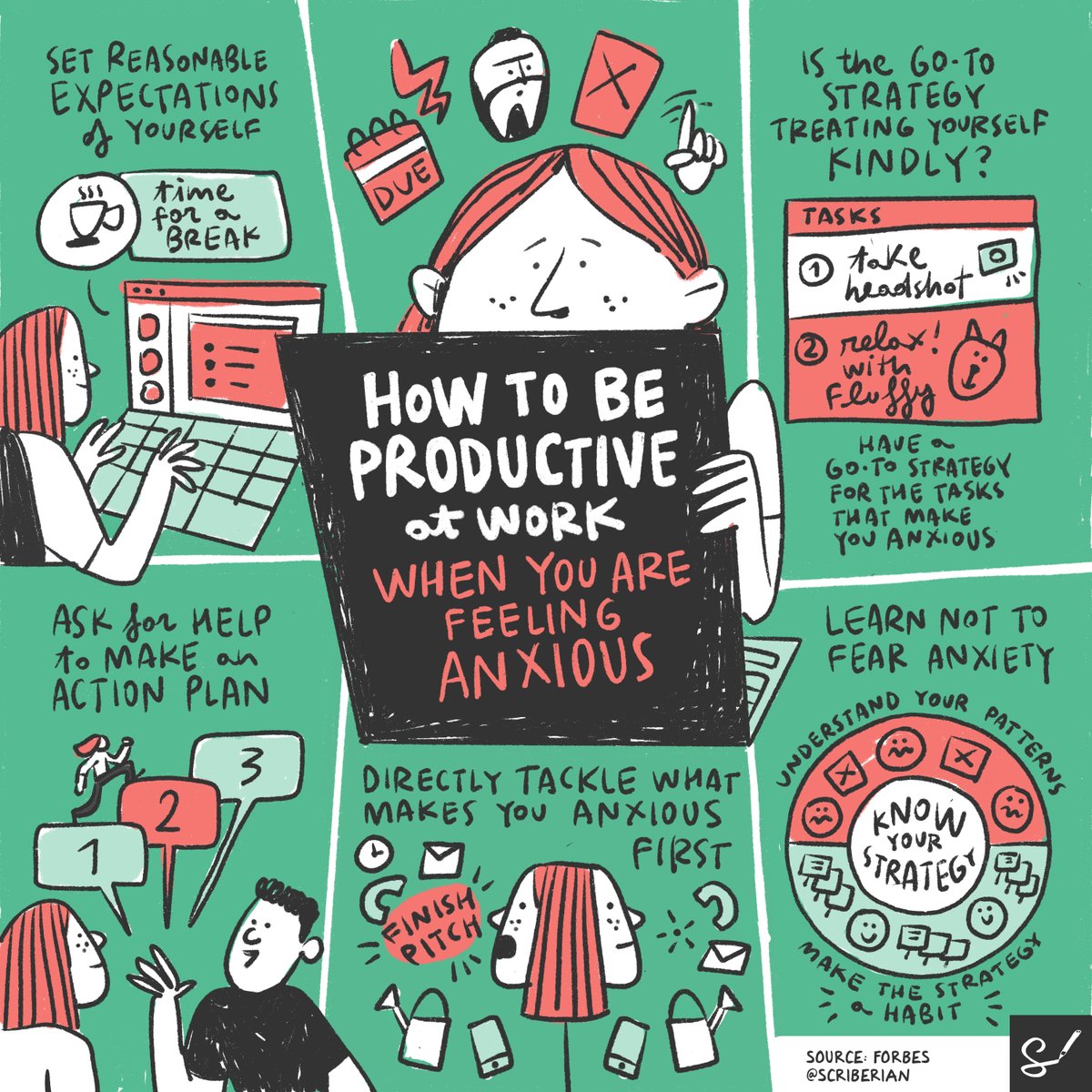 scriberian's tweet photo. Feeling anxious at work can be overwhelming &amp; can make it difficult to be productive. We've created a #sketchnote with info taken from @forbes, to visually break down some of their tips to help with #anxiety. How do you take care of your #MentalHealth at work? https://t.co/cbArau9mvy