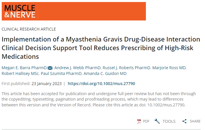 Patients with myasthenia are at risk of exacerbations with administration of many routine meds

We implemented a drug-disease alert for common high-risk meds and saw a modest (19%) reduction in high-risk orders - more work to be done, but a great 1st step

onlinelibrary.wiley.com/doi/10.1002/mu…