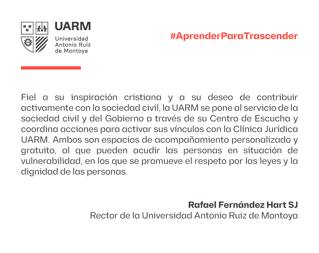 La Universidad Antonio Ruiz de Montoya (UARM) pone a disposición los servicios gratuitos del Centro de Escucha y la Clínica Jurídica ante la situación actual.