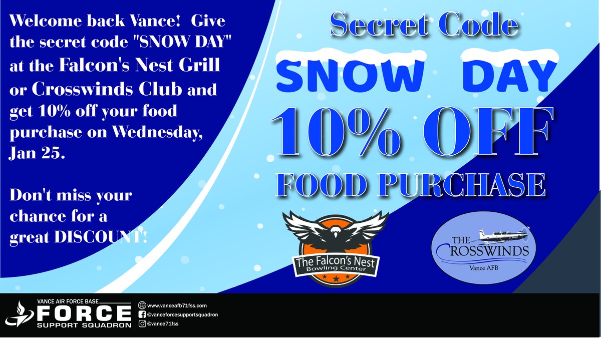 vance71fss's tweet photo. Welcome back Vance!  Give the secret code "SNOW DAY" at the Falcon's Nest Grill or Crosswinds Club and get 10% off your food purchase on Wednesday, Jan 25.  

Don't miss your chance for a great DISCOUNT! https://t.co/mcrphPBcPQ
